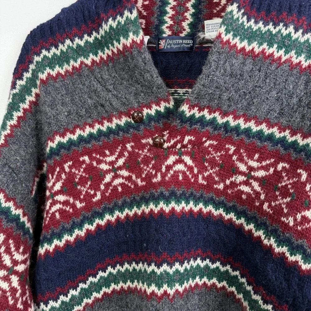 Austin Reed Mens Shetland Wool Fair Isle Sweater Grey Burgundy Button Neck M